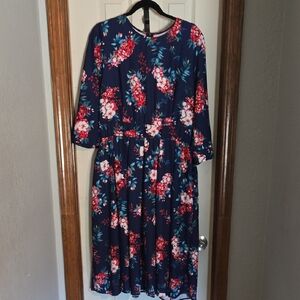 Navy Floral Midi Dress with Pink & Red Blooms